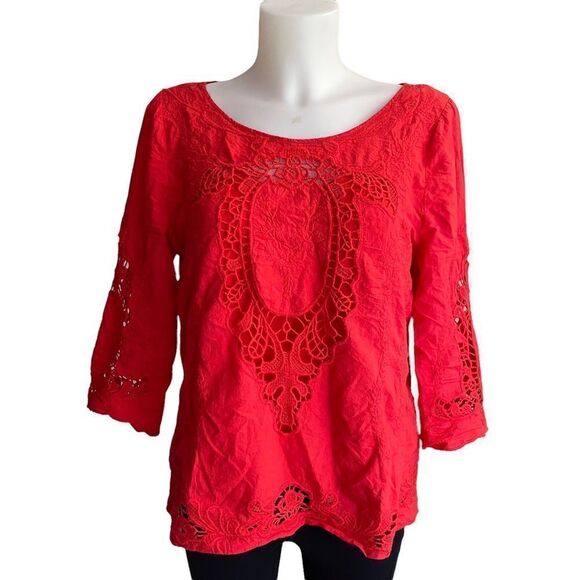 ANTHROPOLOGIE | SKIES ARE BLUE red orange embroidered blouse w/ inner tank sz M - Picture 1 of 9